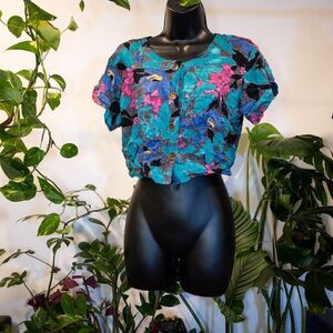 LA Belle Floral Button-Down Crop Blouse, Size M